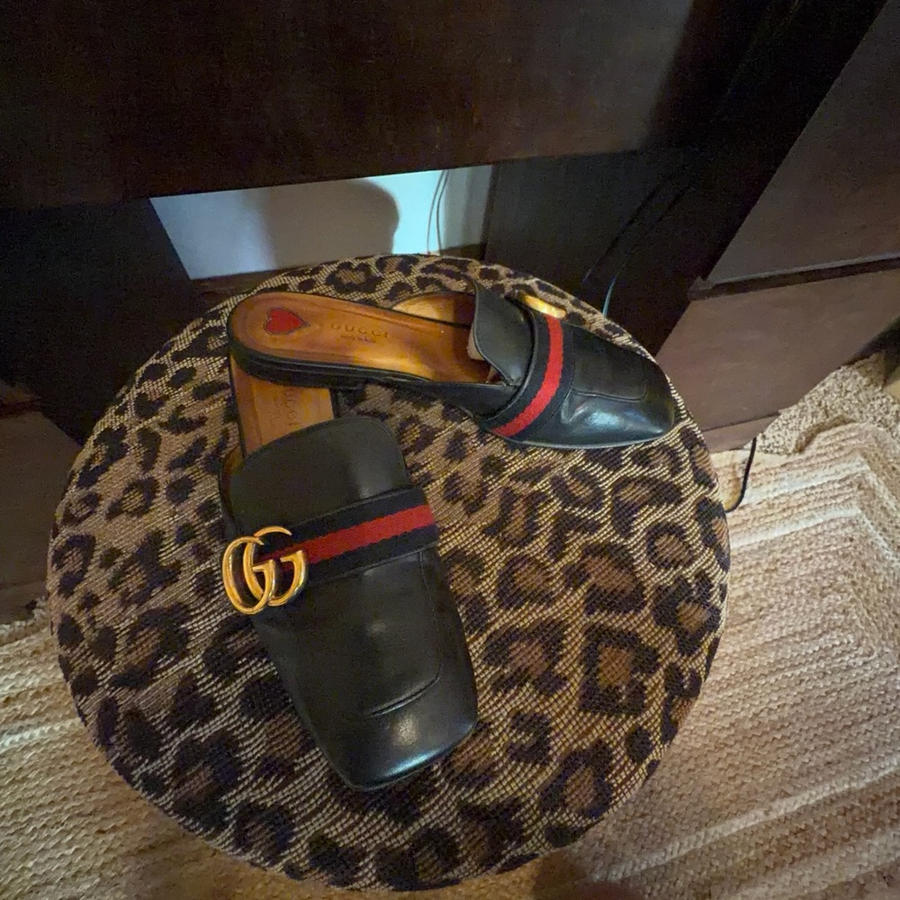 Gucci Black Leather Mules with Red-black Web and Gold Double G - Picture 2 of 11